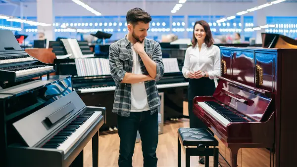 Collection of keyboards and pianos, including digital pianos, stage pianos, and synthesizers, offering versatile features and rich sound for musicians of all levels
