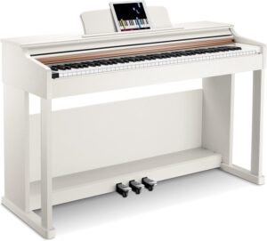 Donner DDP-100 digital piano with 88 weighted keys, sleek wooden cabinet, and built-in speakers, ideal for home practice and beginners.