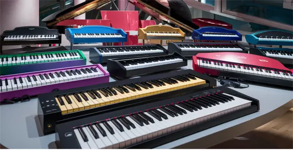 Selection of small pianos featuring compact designs, 88 keys, and portable features, perfect for home use, learning, and performance.