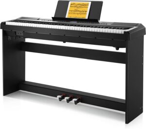 Donner DEP-20 digital piano with 88 fully weighted keys, built-in speakers, and a sleek design, ideal for beginners and home use.