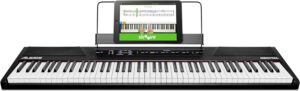 Alesis RecitalAlesis Recital digital piano with 88 semi-weighted keys, built-in speakers, and multiple voice options, ideal for beginners and intermediate players.
