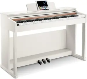 Donner DDP-100 digital piano with 88 weighted keys, wooden cabinet, three-pedal unit, and built-in speakers, perfect for beginners and intermediate players