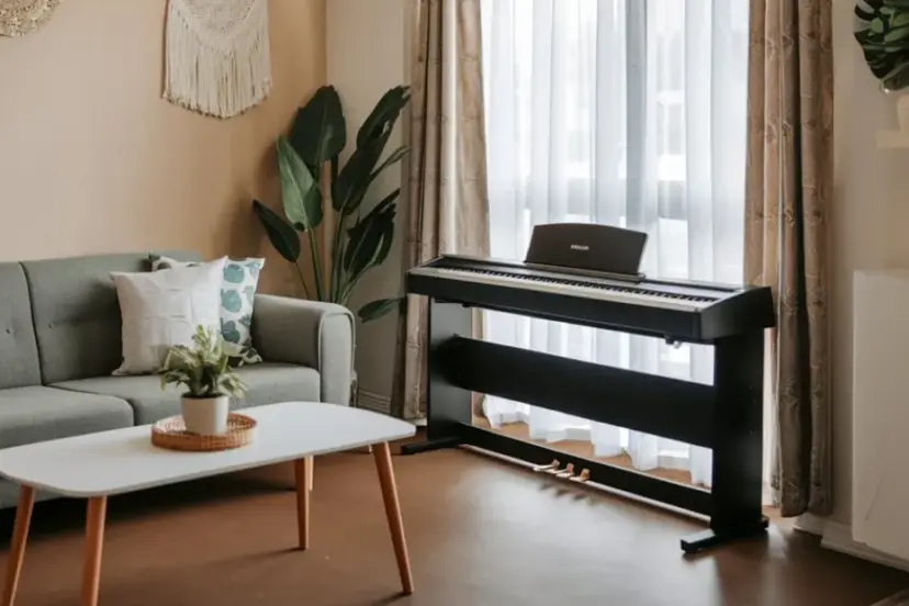 Compact digital piano with 88 weighted keys, sleek design, and built-in speakers, ideal for small spaces and versatile use