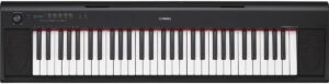 Yamaha NP-12 portable keyboard with 61 touch-sensitive keys, a slim design, and built-in speakers, ideal for beginners and casual players.