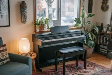 Collection of Yamaha digital pianos designed for beginners, featuring weighted keys, built-in speakers, and user-friendly features for easy learning