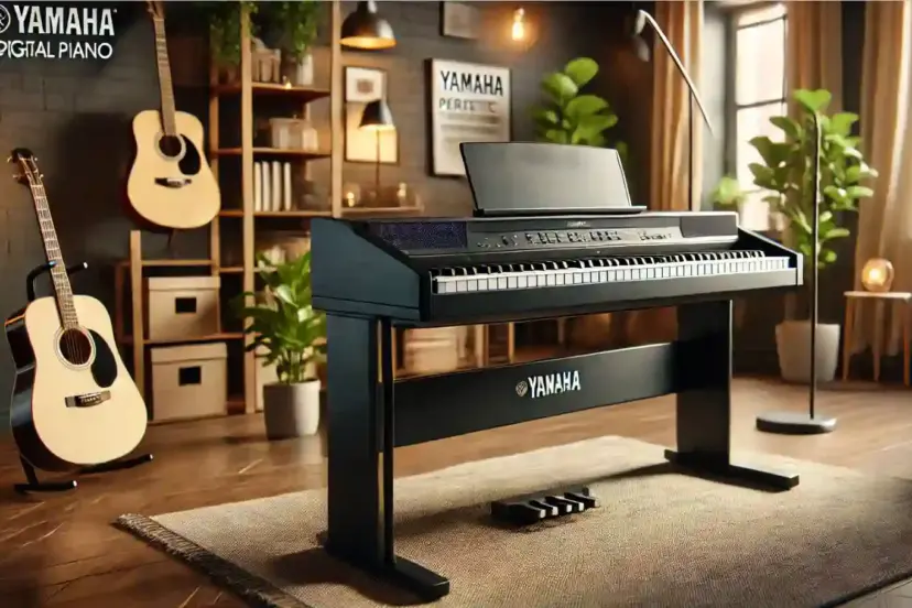 Yamaha P45 digital piano with 88 fully weighted keys, a sleek black design, and intuitive controls, ideal for beginner pianists.