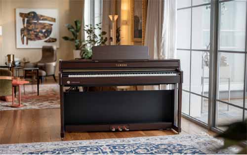 Collection of Yamaha digital pianos featuring sleek designs, weighted keys, advanced sound technology, and user-friendly features for all levels of pianists